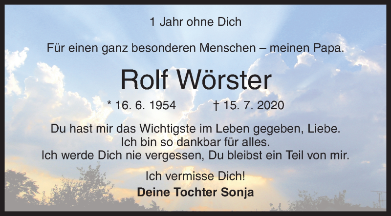  Traueranzeige für Rolf Wörster vom 15.07.2021 aus Siegener Zeitung