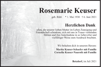 Traueranzeige von Rosemarie Keuser von Siegener Zeitung