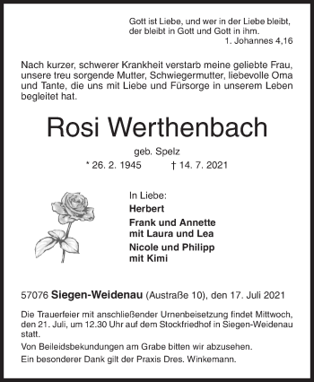 Traueranzeige von Rosi Werthenbach von Siegener Zeitung