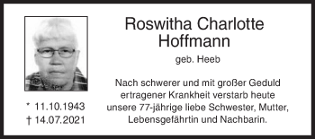 Traueranzeige von Roswitha Charlotte Hoffmann von Siegener Zeitung