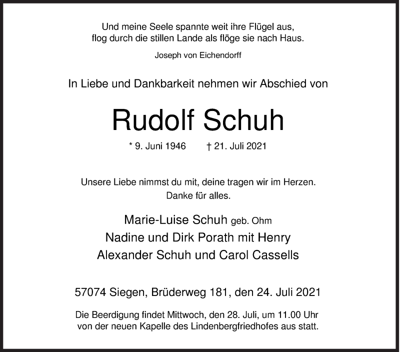 Traueranzeige für Rudolf Schuh vom 24.07.2021 aus Siegener Zeitung