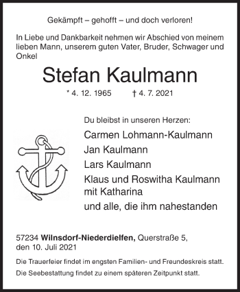 Traueranzeige von Stefan Kaulmann von Siegener Zeitung