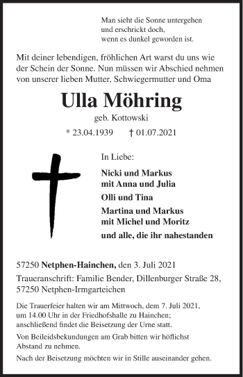 Traueranzeige von Ulla Möhring von Siegener Zeitung