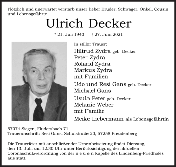 Traueranzeige von Ulrich Decker von Siegener Zeitung