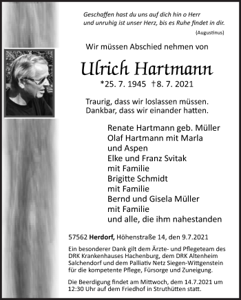 Traueranzeige von Ulrich Hartmann von Siegener Zeitung