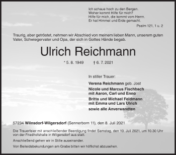 Traueranzeige von Ulrich Reichmann von Siegener Zeitung