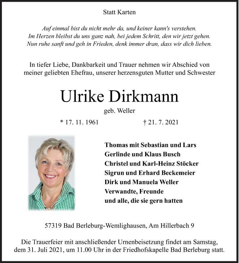  Traueranzeige für Ulrike Dirkmann vom 24.07.2021 aus Siegener Zeitung