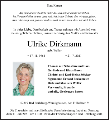 Traueranzeige von Ulrike Dirkmann von Siegener Zeitung