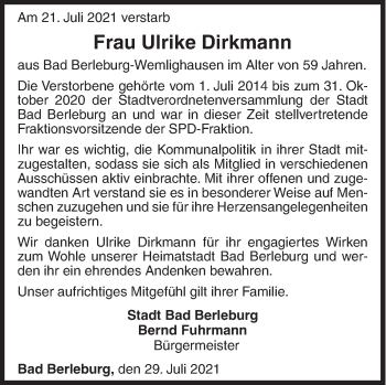 Traueranzeige von Ulrike Dirkmann von Siegener Zeitung