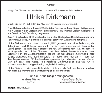Traueranzeige von Ulrike Dirkmann von Siegener Zeitung