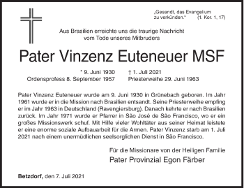 Traueranzeige von Peter Vinzenz Euteneuer von Siegener Zeitung