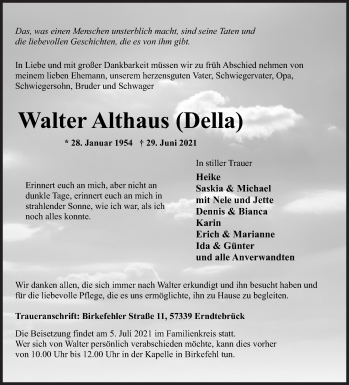 Traueranzeige von Walter Althaus von Siegener Zeitung