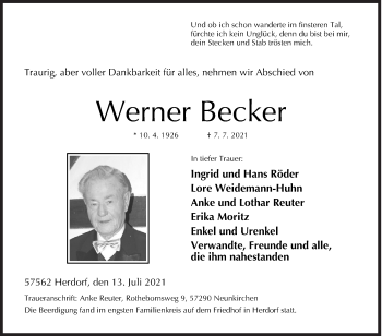 Traueranzeige von Werner Becker von Siegener Zeitung