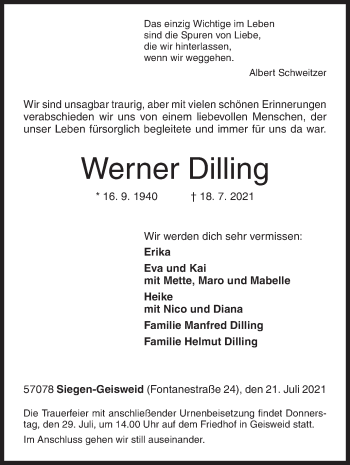 Traueranzeige von Werner Dilling von Siegener Zeitung
