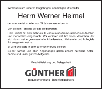 Traueranzeige von Werner Heimel von Siegener Zeitung
