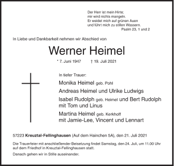Traueranzeige von Werner Heimel von Siegener Zeitung