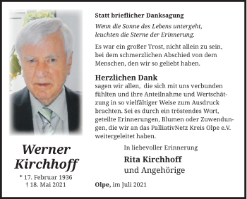 Traueranzeige von Werner Kirchhoff von Siegener Zeitung