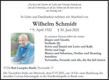 Traueranzeige von Wilhelm Schmidt von Siegener Zeitung