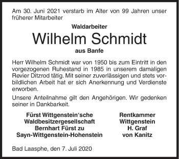 Traueranzeige von Wilhelm Schmidt von Siegener Zeitung