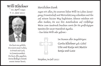 Traueranzeige von Willi Klöckner von Siegener Zeitung