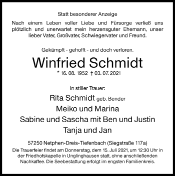 Traueranzeige von Winfried Schmidt von Siegener Zeitung
