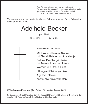 Traueranzeige von Adelheid Becker von Siegener Zeitung