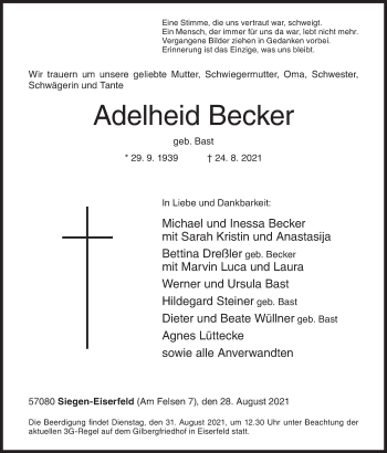 Traueranzeige von Adelheid Becker von Siegener Zeitung