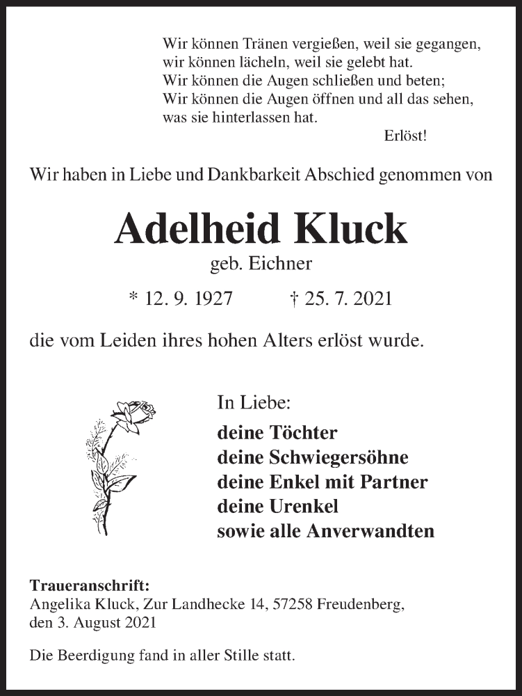  Traueranzeige für Adelheid Kluck vom 03.08.2021 aus Siegener Zeitung