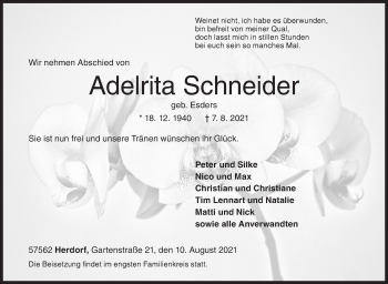 Traueranzeige von Adelrita Schneider von Siegener Zeitung