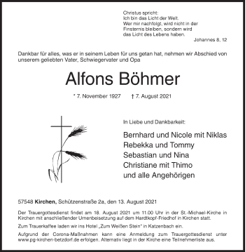Traueranzeige von Alfons Böhmer von Siegener Zeitung