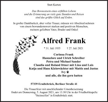 Traueranzeige von Alfred Frank von Siegener Zeitung