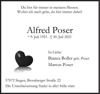 Traueranzeige von Alfred Poser von Siegener Zeitung