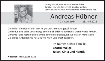 Traueranzeige von Andreas Hübner von Siegener Zeitung