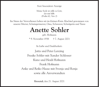Traueranzeige von Anette Sohler von Siegener Zeitung