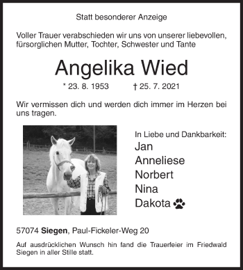 Traueranzeige von Angelika Wied von Siegener Zeitung