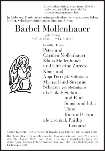 Traueranzeige von Bärbel Mollenhauer von Siegener Zeitung