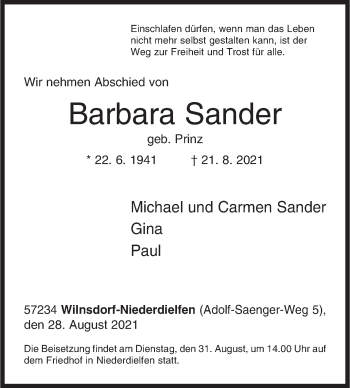 Traueranzeige von Barbara Sander von Siegener Zeitung