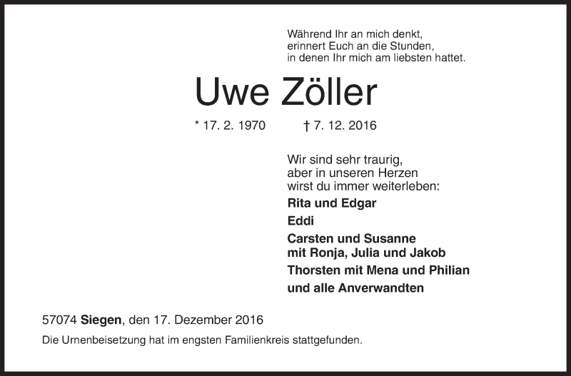  Traueranzeige für Uwe Zöller vom 17.12.2016 aus Siegener Zeitung