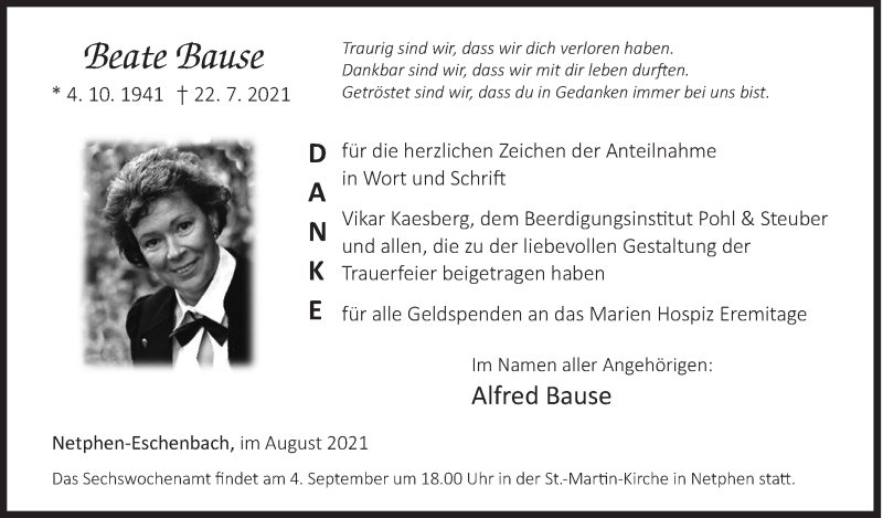  Traueranzeige für Beate Bause vom 28.08.2021 aus Siegener Zeitung