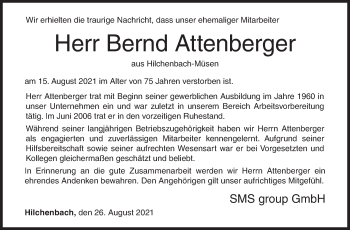 Traueranzeige von Bernd Attenberger von Siegener Zeitung