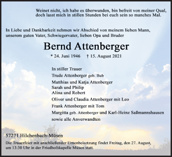 Traueranzeige von Bernd Attenberger von Siegener Zeitung