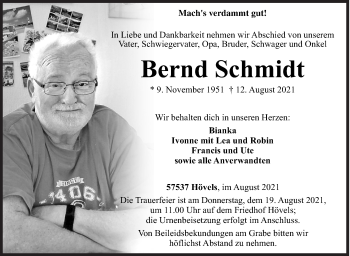 Traueranzeige von Bernd Schmidt von Siegener Zeitung