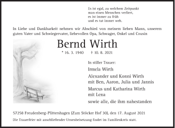 Traueranzeige von Bernd Wirth von Siegener Zeitung
