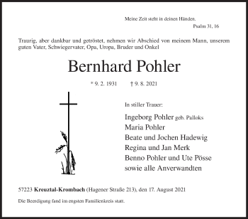 Traueranzeige von Bernhard Pohler von Siegener Zeitung