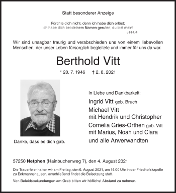 Traueranzeige von Berthold Vitt von Siegener Zeitung
