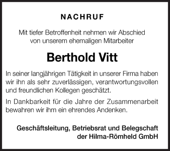 Traueranzeige von Berthold Vitt von Siegener Zeitung