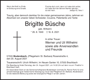 Traueranzeige von Brigitte Büsche von Siegener Zeitung