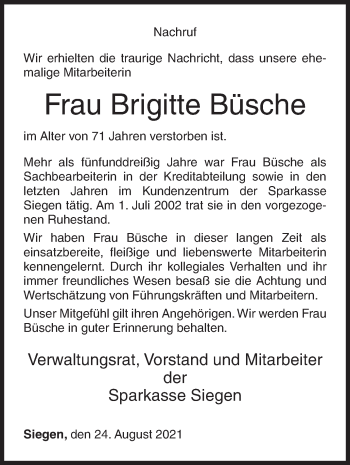 Traueranzeige von Brigitte Büsche von Siegener Zeitung