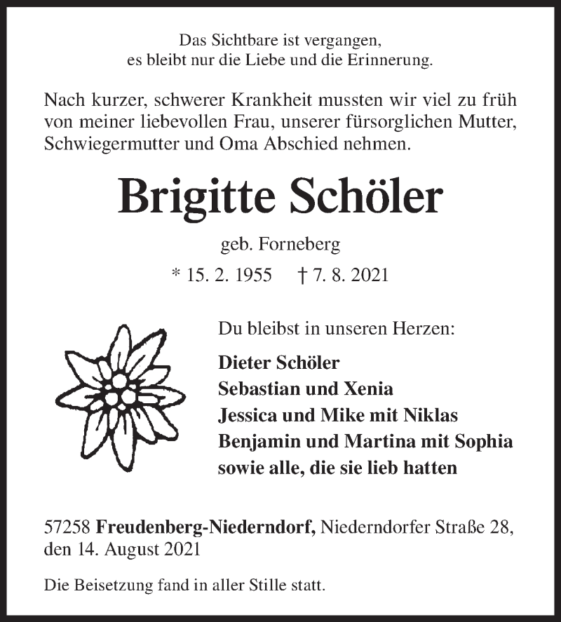  Traueranzeige für Brigitte Schöler vom 14.08.2021 aus Siegener Zeitung