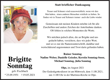 Traueranzeige von Brigitte Sonntag von Siegener Zeitung